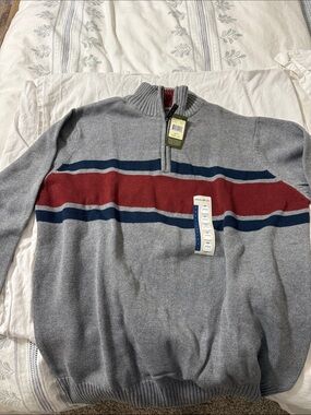 Eddie Bauer Gray Quarter-Zip Sweater with Red and Navy Stripes